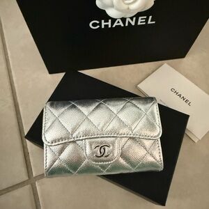 CHANEL Metallic Silver Quilted card holder small wallet